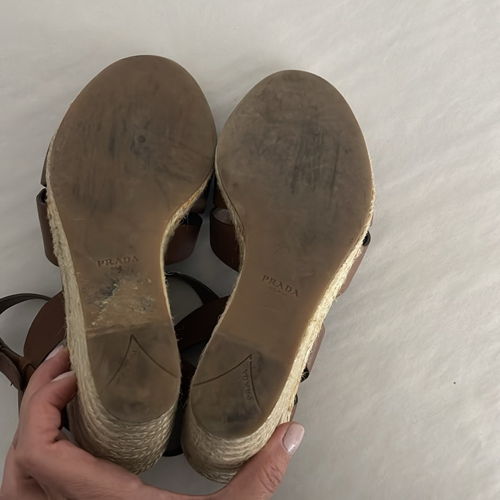 Prada Rony Brown Leather Strappy Espadrille Wedge Sandals Size 39 US 8.5 - Picture 8 of 9